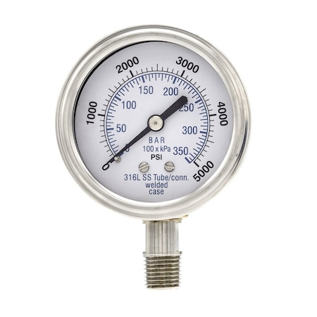 Pro 2 1/2 in Dial, 0/5000 PSI & Bar, 1/4 in NPT, Lower Mount Dry/Fillable Pressure Gauge PRO-301D-254R-01